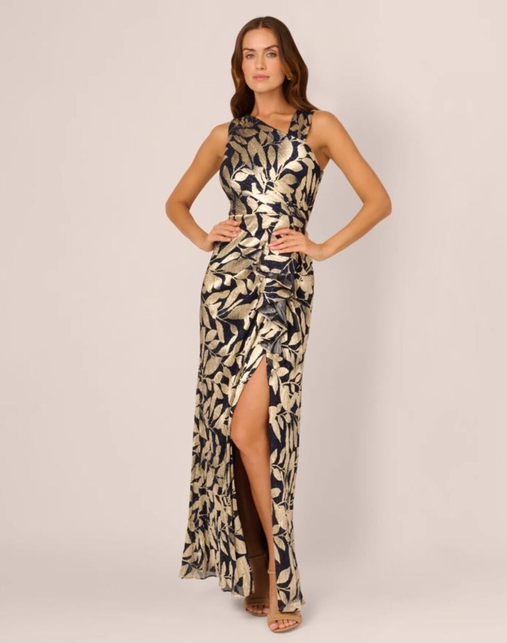 NWTAdrianna Papell Foil Printed Ruffled Asymmetric Gown Navy Gold Size 16P